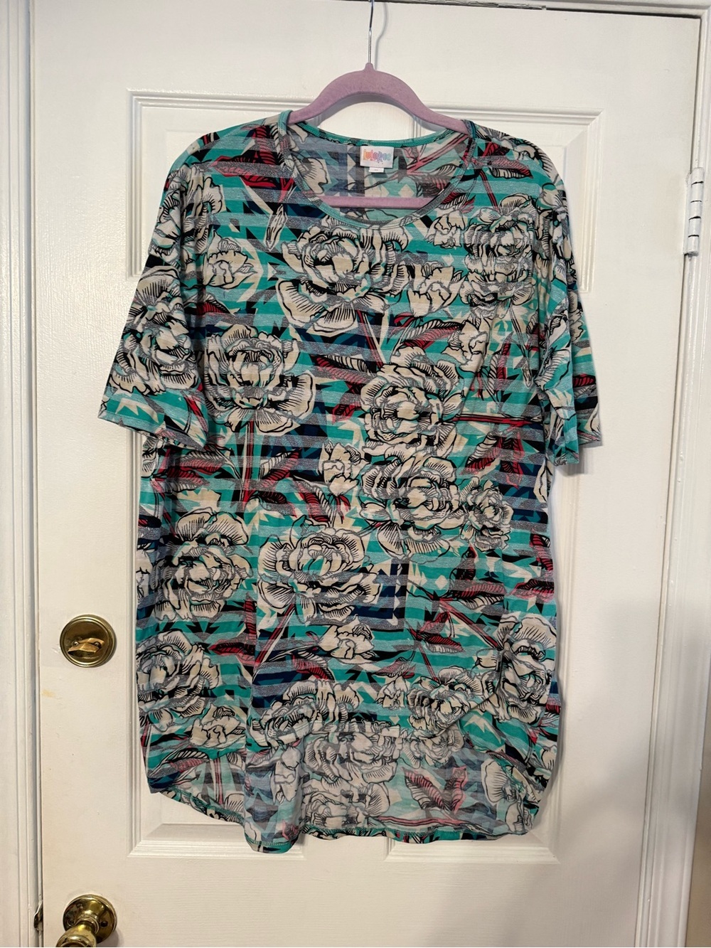 LuLaRoe Floral Stripe Short Sleeve Top - Teal, Blue, Cream